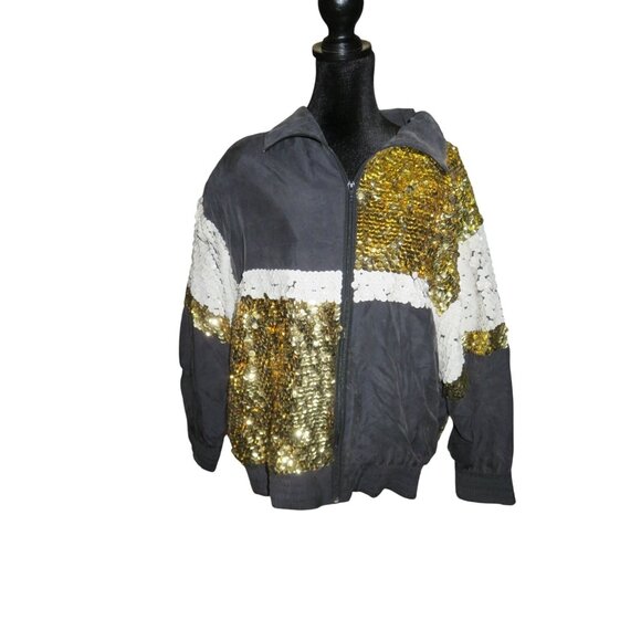 Bloomingdale's Bomber Jacket 100% silk and with white and gold sequins fits Over - Picture 1 of 8
